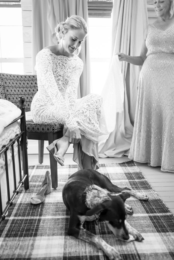 bride getting ready with her dog on wedding day